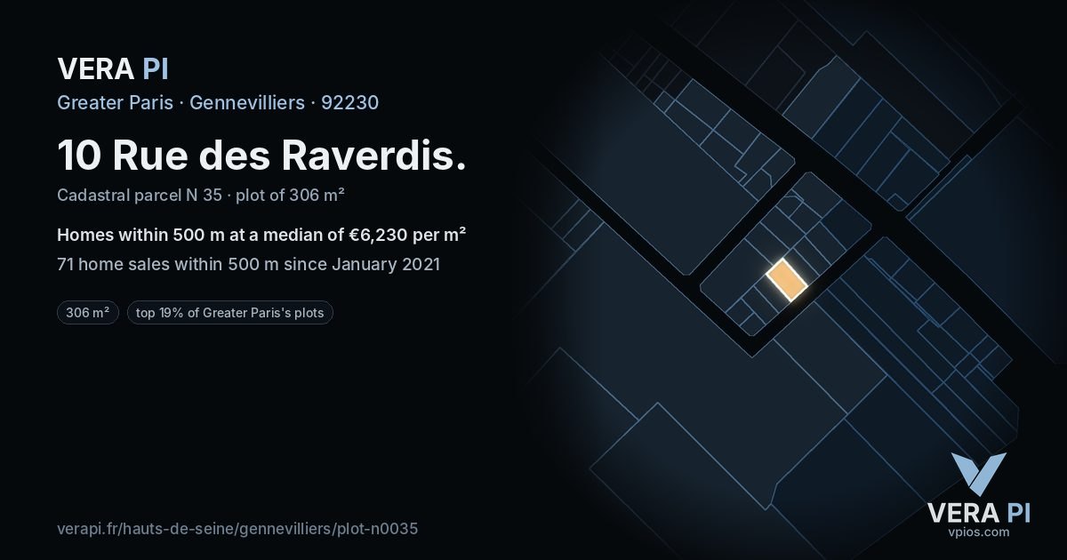 10 Rue des Raverdis, Gennevilliers at night – the plot lit, the parcels around coloured by the prices near them