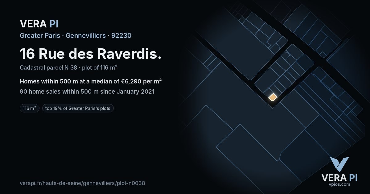 16 Rue des Raverdis, Gennevilliers at night – the plot lit, the parcels around coloured by the prices near them