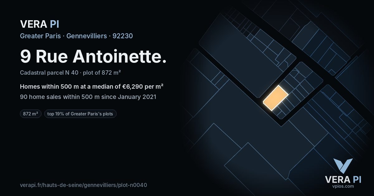 9 Rue Antoinette, Gennevilliers at night – the plot lit, the parcels around coloured by the prices near them