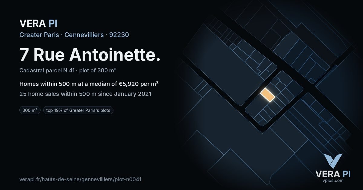 7 Rue Antoinette, Gennevilliers at night – the plot lit, the parcels around coloured by the prices near them