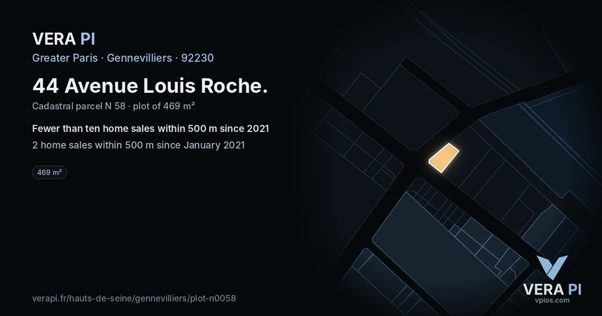 44 Avenue Louis Roche, Gennevilliers at night – the plot lit, the parcels around coloured by the prices near them