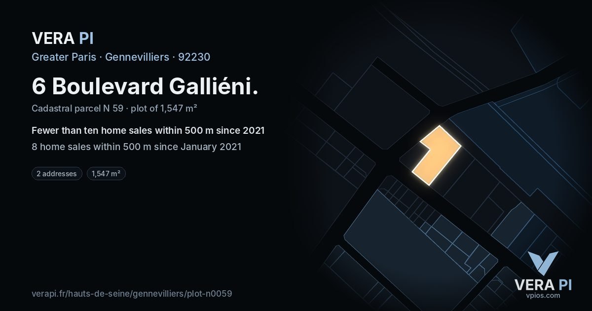 6 Boulevard Galliéni, Gennevilliers at night – the plot lit, the parcels around coloured by the prices near them