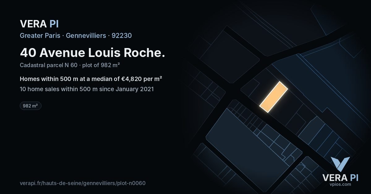40 Avenue Louis Roche, Gennevilliers at night – the plot lit, the parcels around coloured by the prices near them