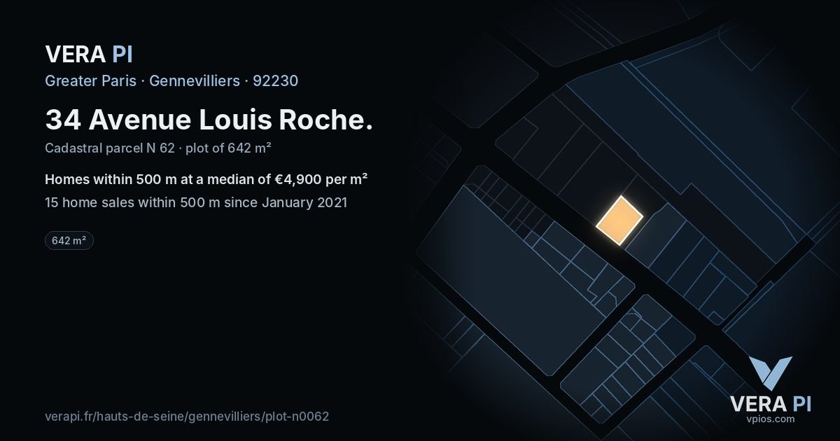 34 Avenue Louis Roche, Gennevilliers at night – the plot lit, the parcels around coloured by the prices near them