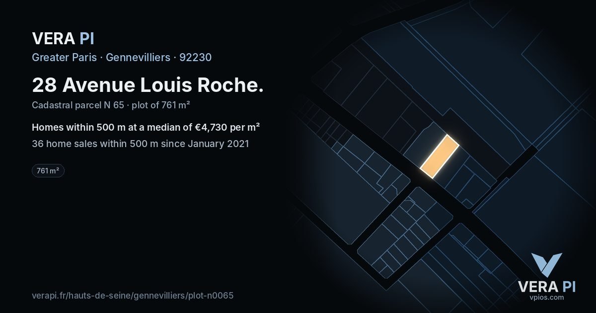 28 Avenue Louis Roche, Gennevilliers at night – the plot lit, the parcels around coloured by the prices near them