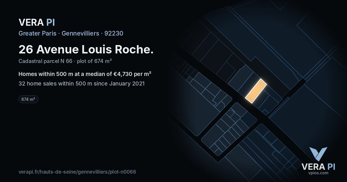 26 Avenue Louis Roche, Gennevilliers at night – the plot lit, the parcels around coloured by the prices near them