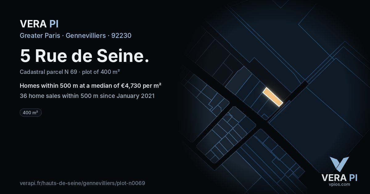 5 Rue de Seine, Gennevilliers at night – the plot lit, the parcels around coloured by the prices near them