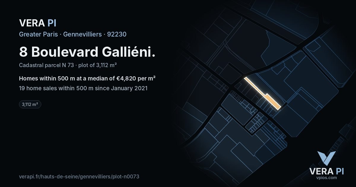 8 Boulevard Galliéni, Gennevilliers at night – the plot lit, the parcels around coloured by the prices near them
