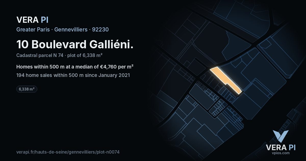 10 Boulevard Galliéni, Gennevilliers at night – the plot lit, the parcels around coloured by the prices near them