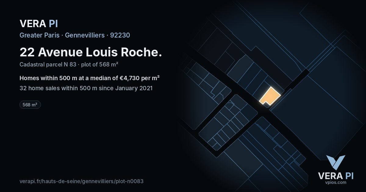 22 Avenue Louis Roche, Gennevilliers at night – the plot lit, the parcels around coloured by the prices near them