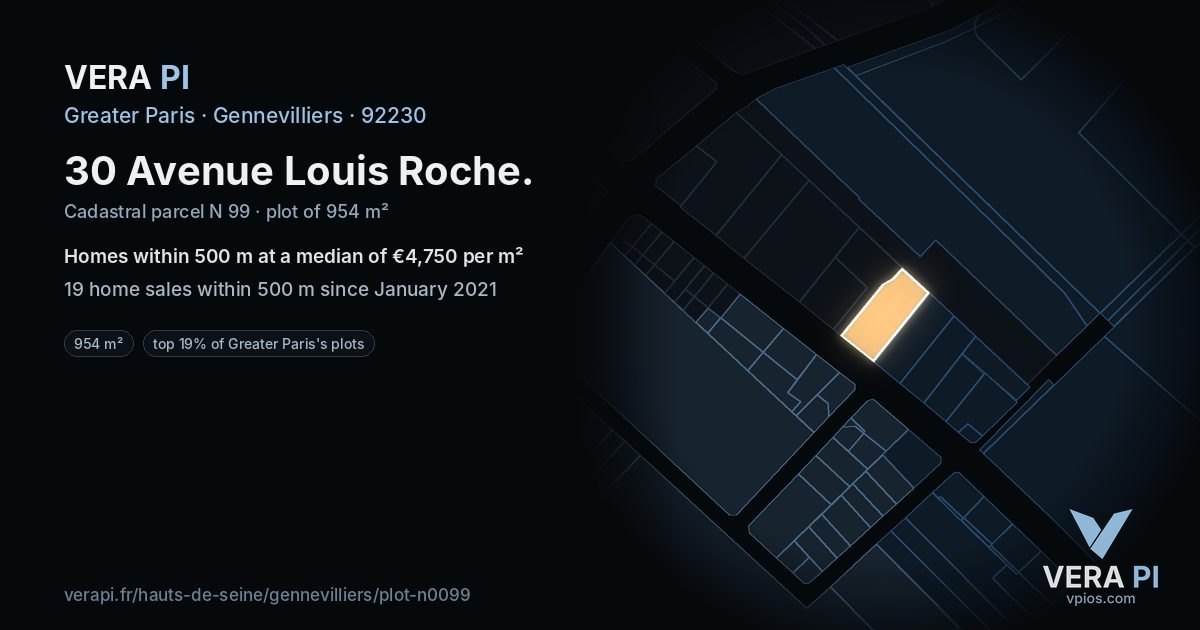 30 Avenue Louis Roche, Gennevilliers at night – the plot lit, the parcels around coloured by the prices near them