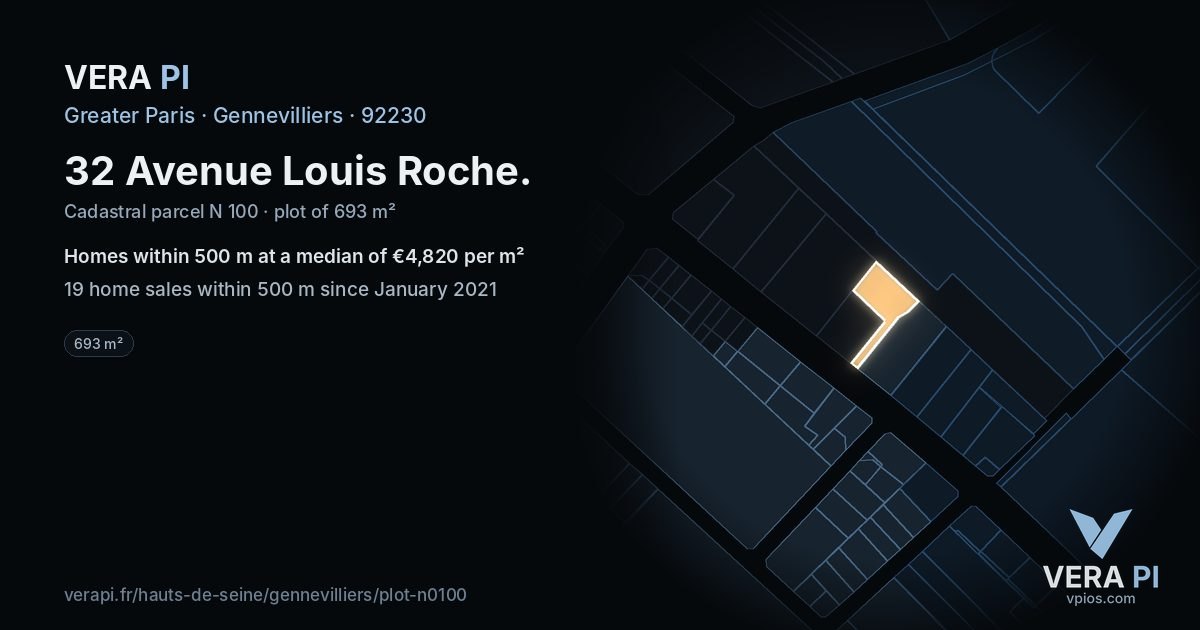 32 Avenue Louis Roche, Gennevilliers at night – the plot lit, the parcels around coloured by the prices near them