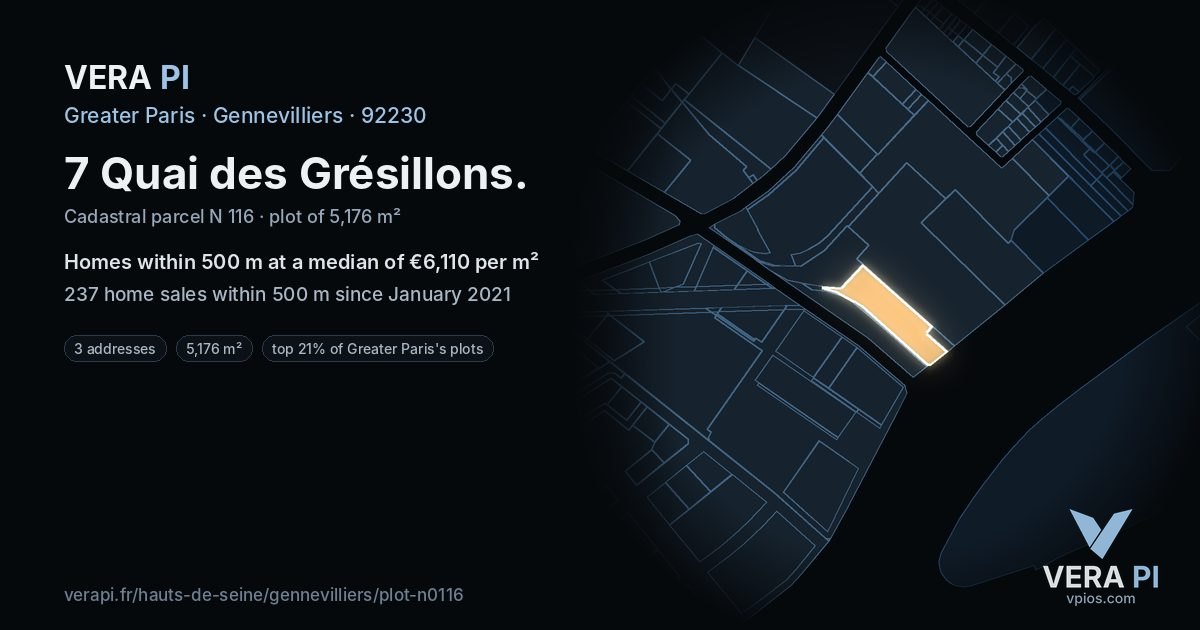 7 Quai des Grésillons, Gennevilliers at night – the plot lit, the parcels around coloured by the prices near them