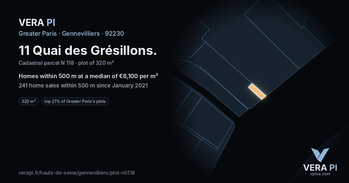 11 Quai des Grésillons, Gennevilliers at night – the plot lit, the parcels around coloured by the prices near them