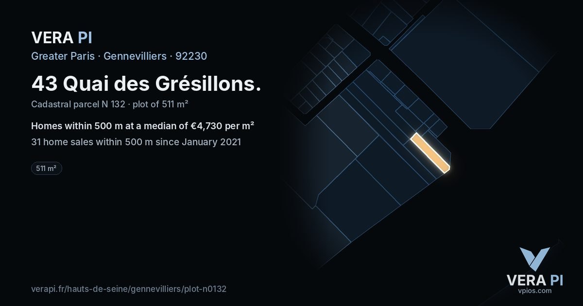 43 Quai des Grésillons, Gennevilliers at night – the plot lit, the parcels around coloured by the prices near them