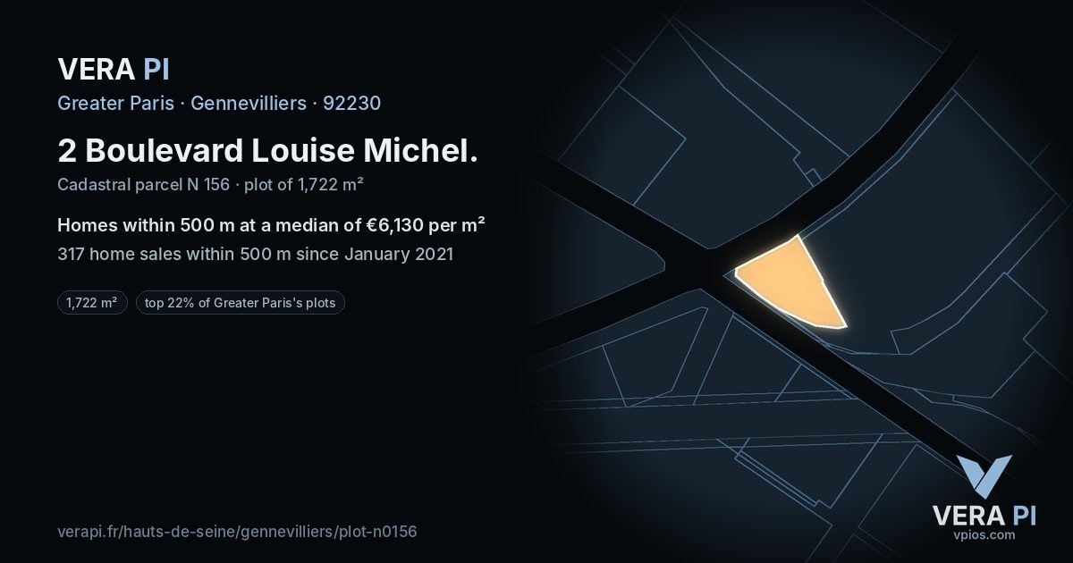 2 Boulevard Louise Michel, Gennevilliers at night – the plot lit, the parcels around coloured by the prices near them