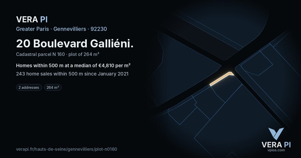 20 Boulevard Galliéni, Gennevilliers at night – the plot lit, the parcels around coloured by the prices near them