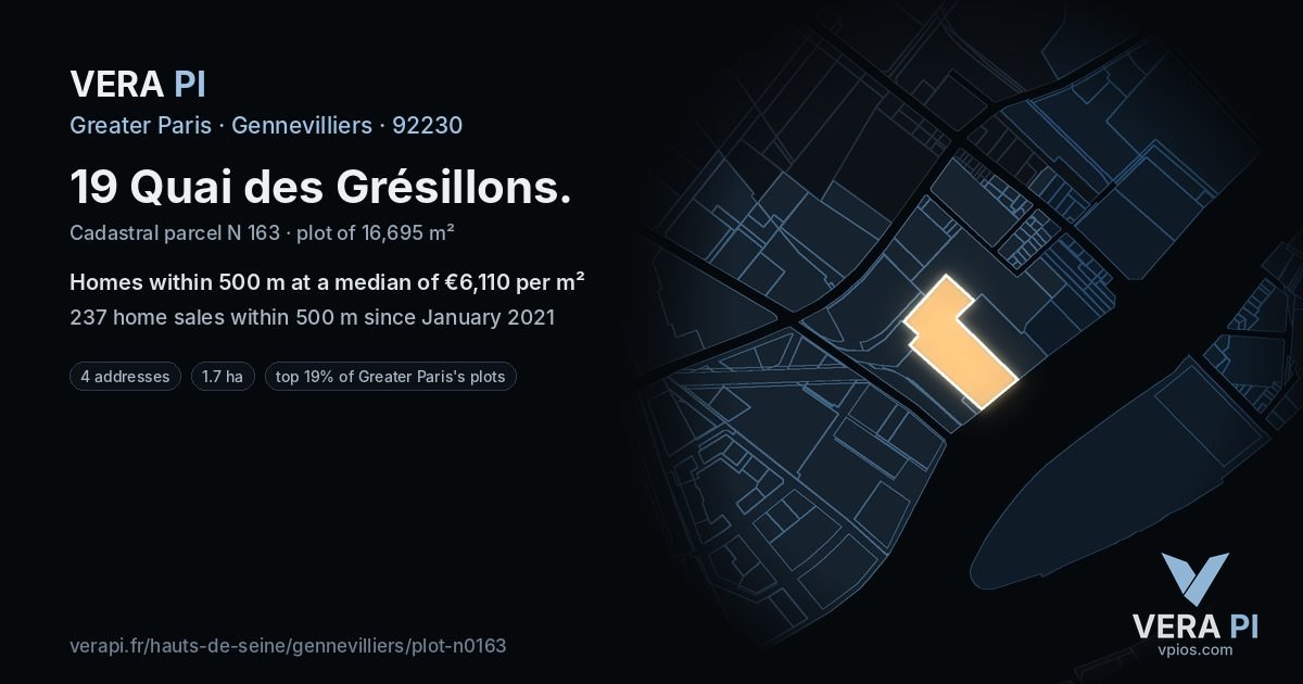 19 Quai des Grésillons, Gennevilliers at night – the plot lit, the parcels around coloured by the prices near them