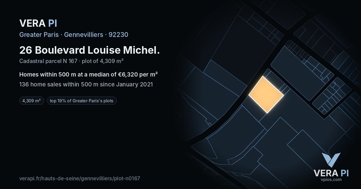 26 Boulevard Louise Michel, Gennevilliers at night – the plot lit, the parcels around coloured by the prices near them