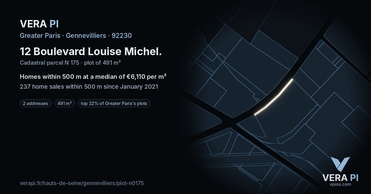 12 Boulevard Louise Michel, Gennevilliers at night – the plot lit, the parcels around coloured by the prices near them