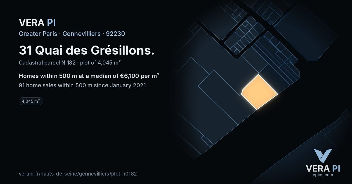 31 Quai des Grésillons, Gennevilliers at night – the plot lit, the parcels around coloured by the prices near them