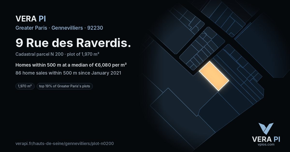 9 Rue des Raverdis, Gennevilliers at night – the plot lit, the parcels around coloured by the prices near them