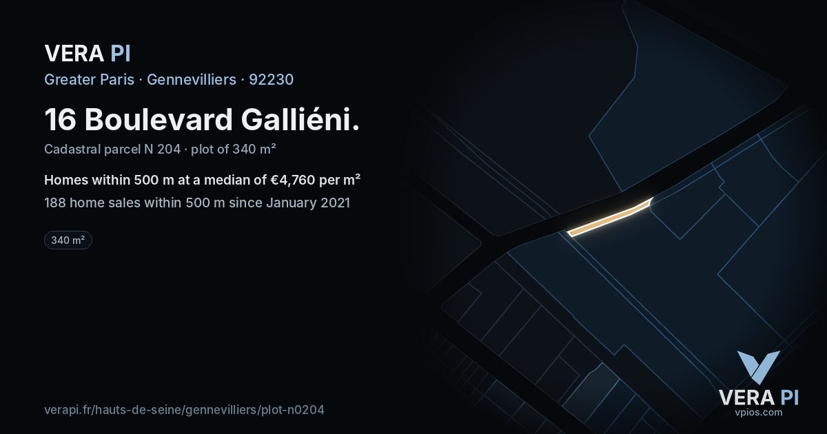 16 Boulevard Galliéni, Gennevilliers at night – the plot lit, the parcels around coloured by the prices near them