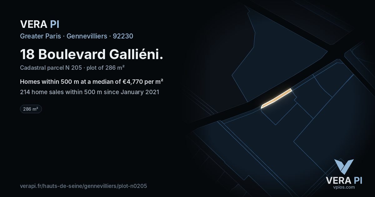 18 Boulevard Galliéni, Gennevilliers at night – the plot lit, the parcels around coloured by the prices near them