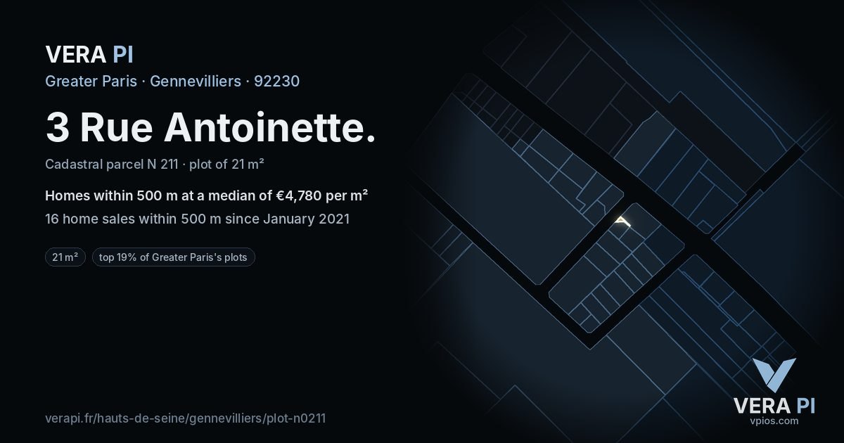 3 Rue Antoinette, Gennevilliers at night – the plot lit, the parcels around coloured by the prices near them
