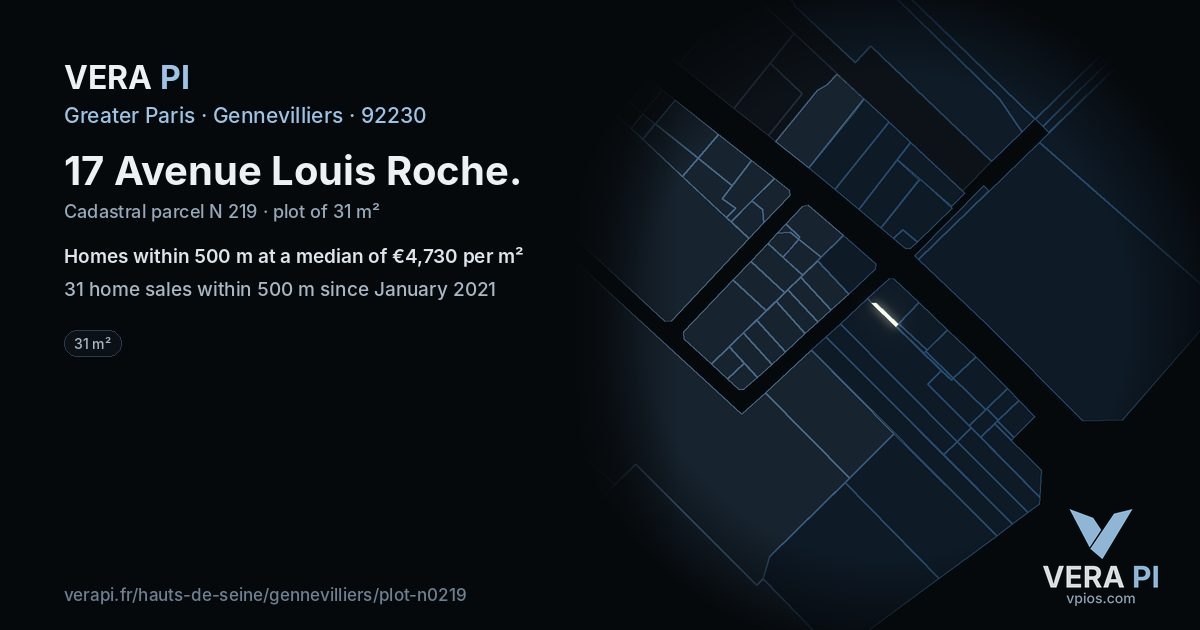 17 Avenue Louis Roche, Gennevilliers at night – the plot lit, the parcels around coloured by the prices near them