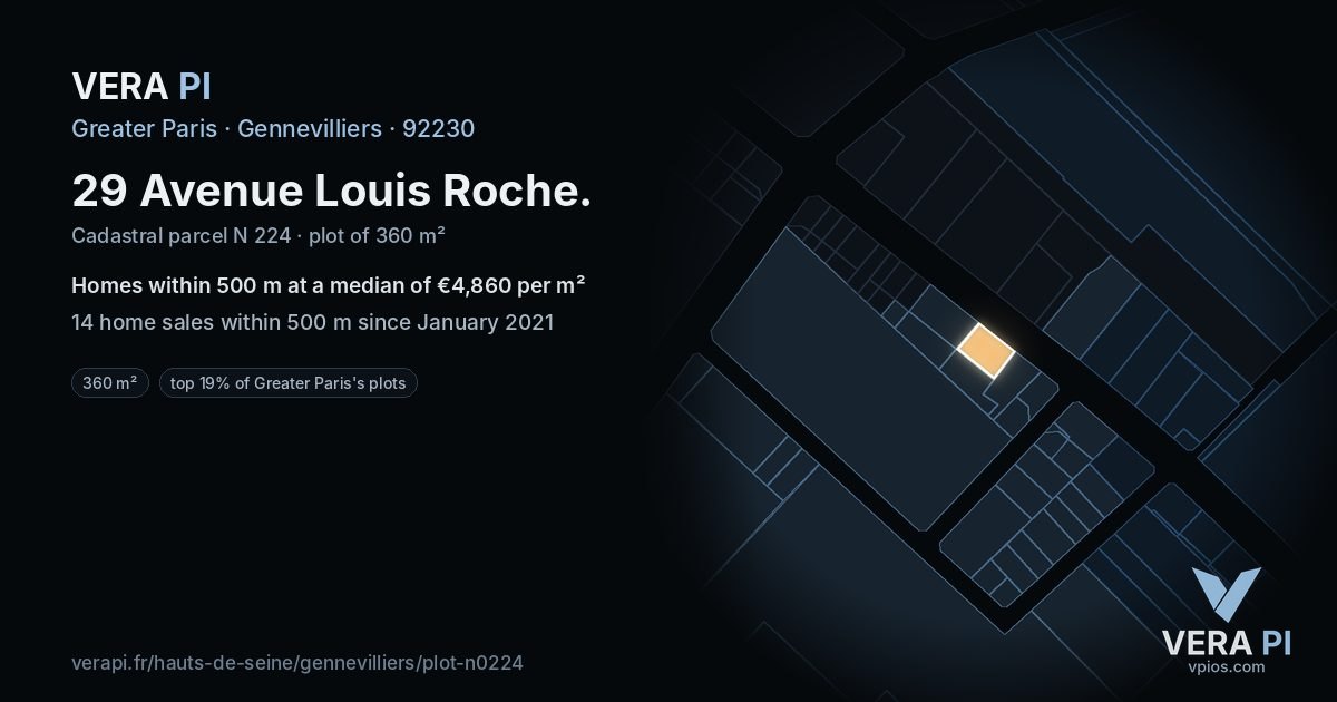 29 Avenue Louis Roche, Gennevilliers at night – the plot lit, the parcels around coloured by the prices near them
