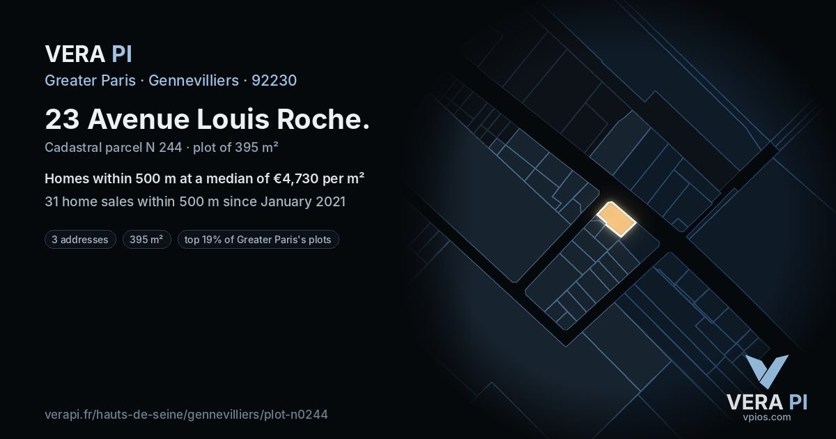 23 Avenue Louis Roche, Gennevilliers at night – the plot lit, the parcels around coloured by the prices near them