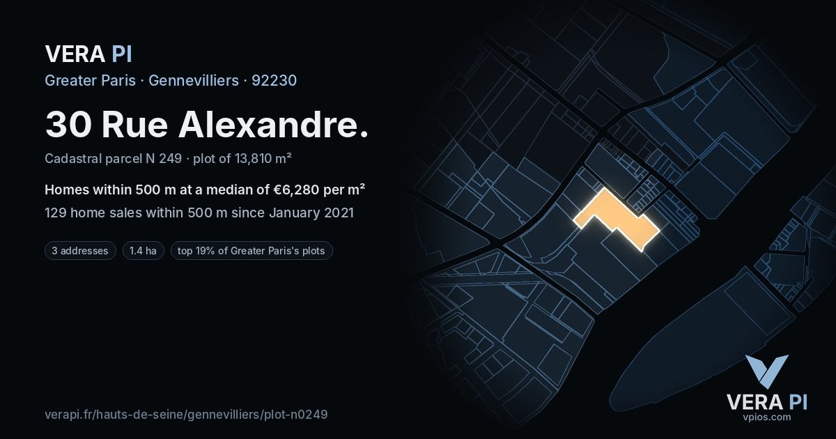30 Rue Alexandre, Gennevilliers at night – the plot lit, the parcels around coloured by the prices near them