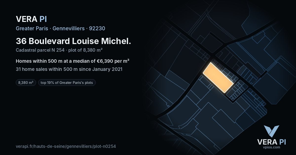 36 Boulevard Louise Michel, Gennevilliers at night – the plot lit, the parcels around coloured by the prices near them