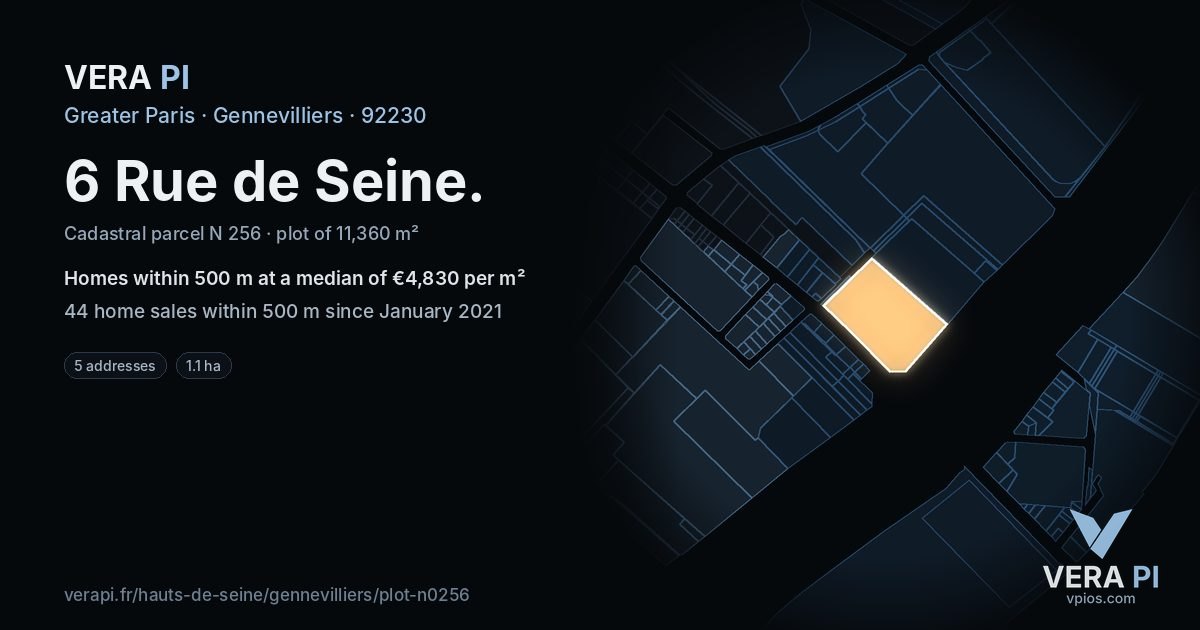 6 Rue de Seine, Gennevilliers at night – the plot lit, the parcels around coloured by the prices near them