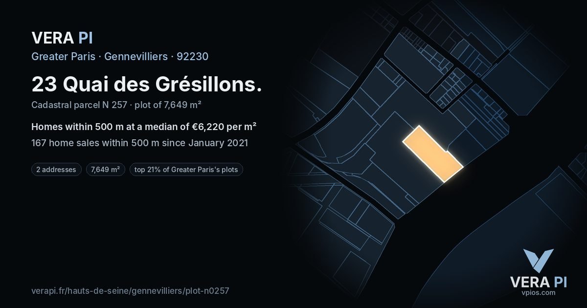 23 Quai des Grésillons, Gennevilliers at night – the plot lit, the parcels around coloured by the prices near them