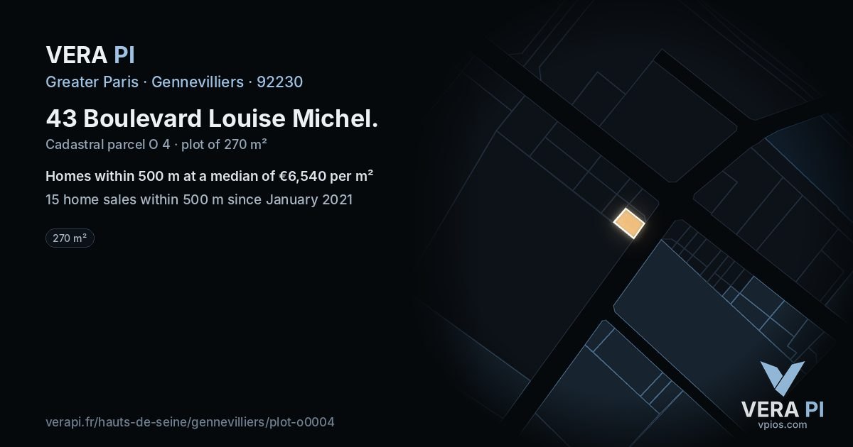 43 Boulevard Louise Michel, Gennevilliers at night – the plot lit, the parcels around coloured by the prices near them