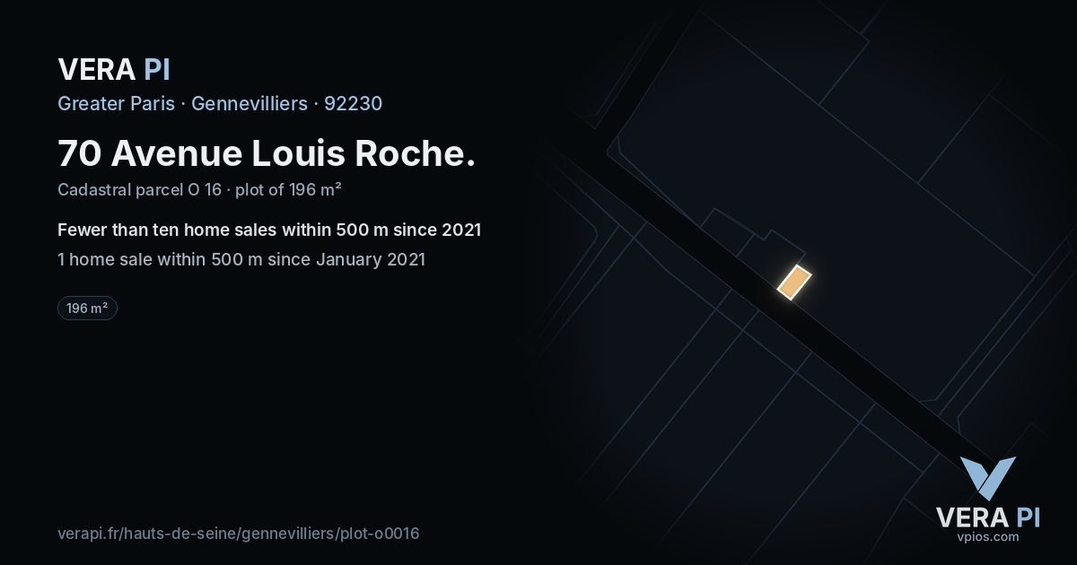 70 Avenue Louis Roche, Gennevilliers at night – the plot lit, the parcels around coloured by the prices near them