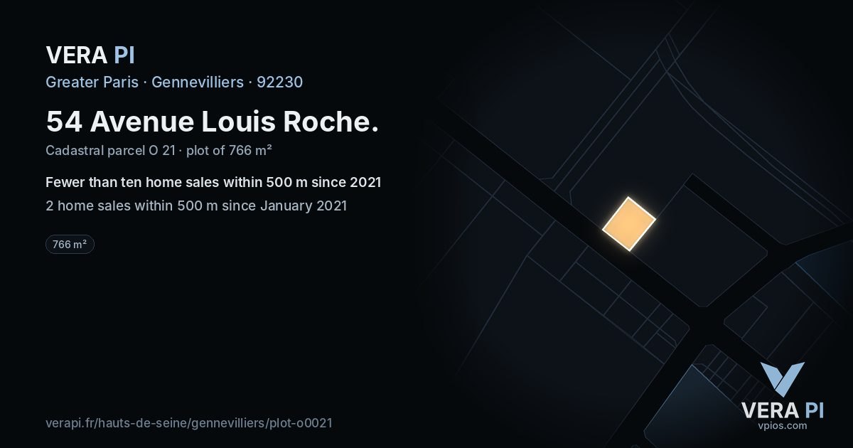 54 Avenue Louis Roche, Gennevilliers at night – the plot lit, the parcels around coloured by the prices near them