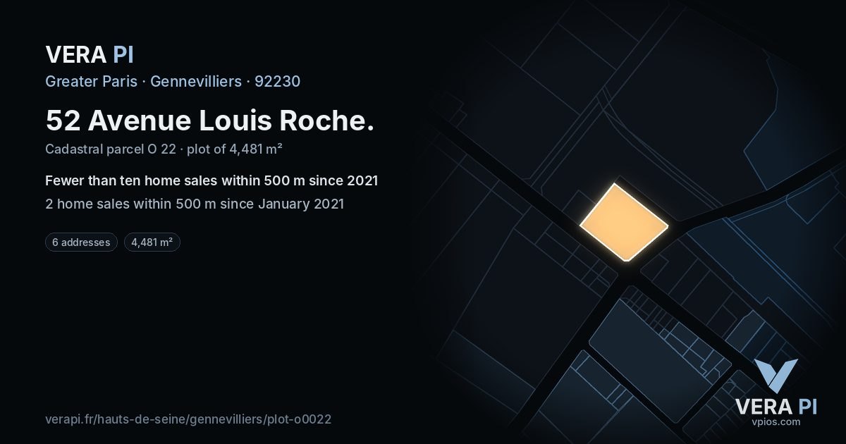 52 Avenue Louis Roche, Gennevilliers at night – the plot lit, the parcels around coloured by the prices near them