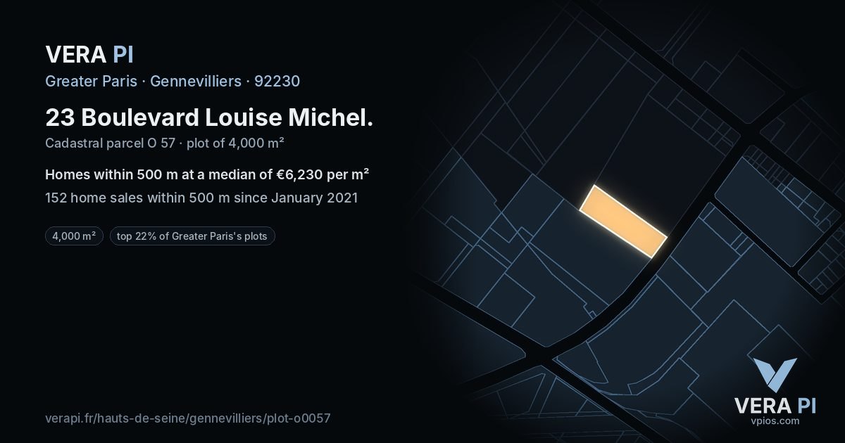 23 Boulevard Louise Michel, Gennevilliers at night – the plot lit, the parcels around coloured by the prices near them