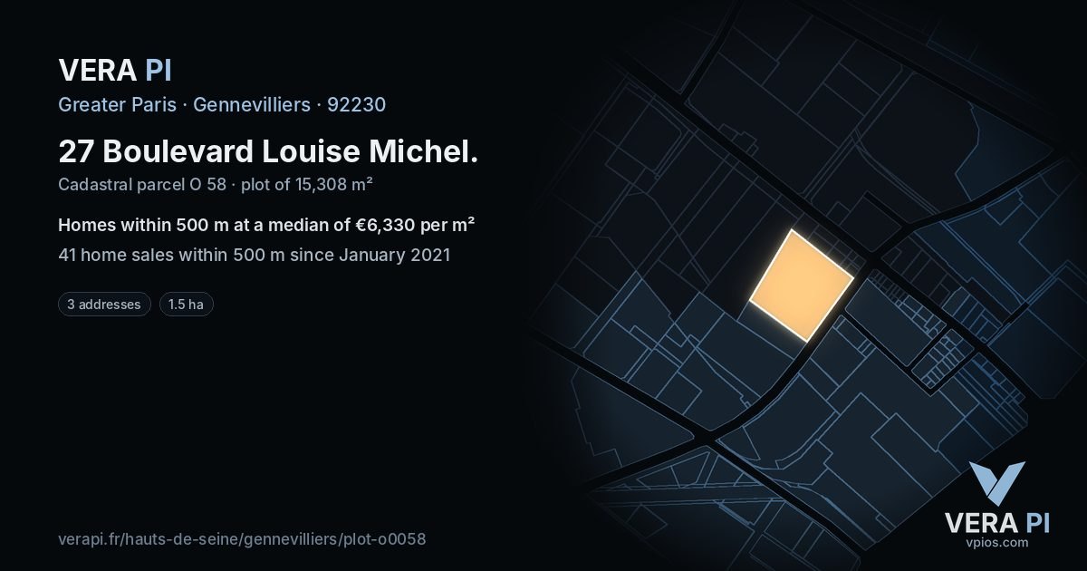 27 Boulevard Louise Michel, Gennevilliers at night – the plot lit, the parcels around coloured by the prices near them
