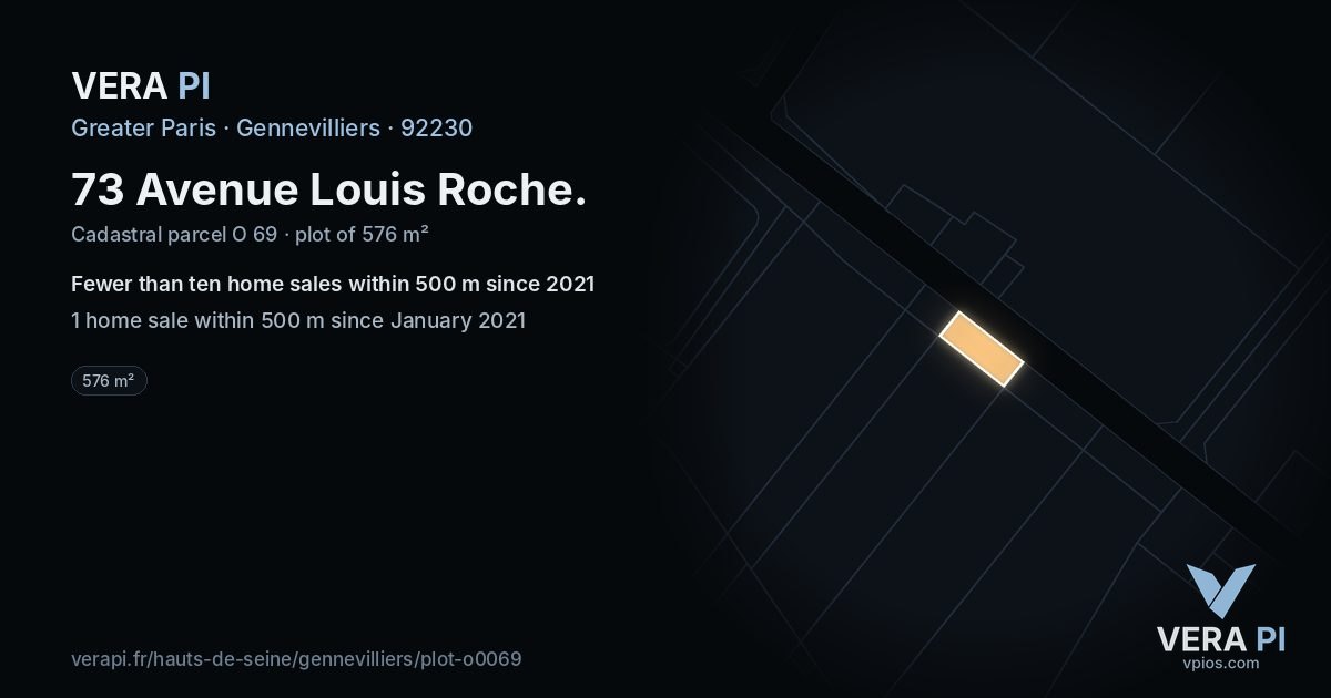 73 Avenue Louis Roche, Gennevilliers at night – the plot lit, the parcels around coloured by the prices near them