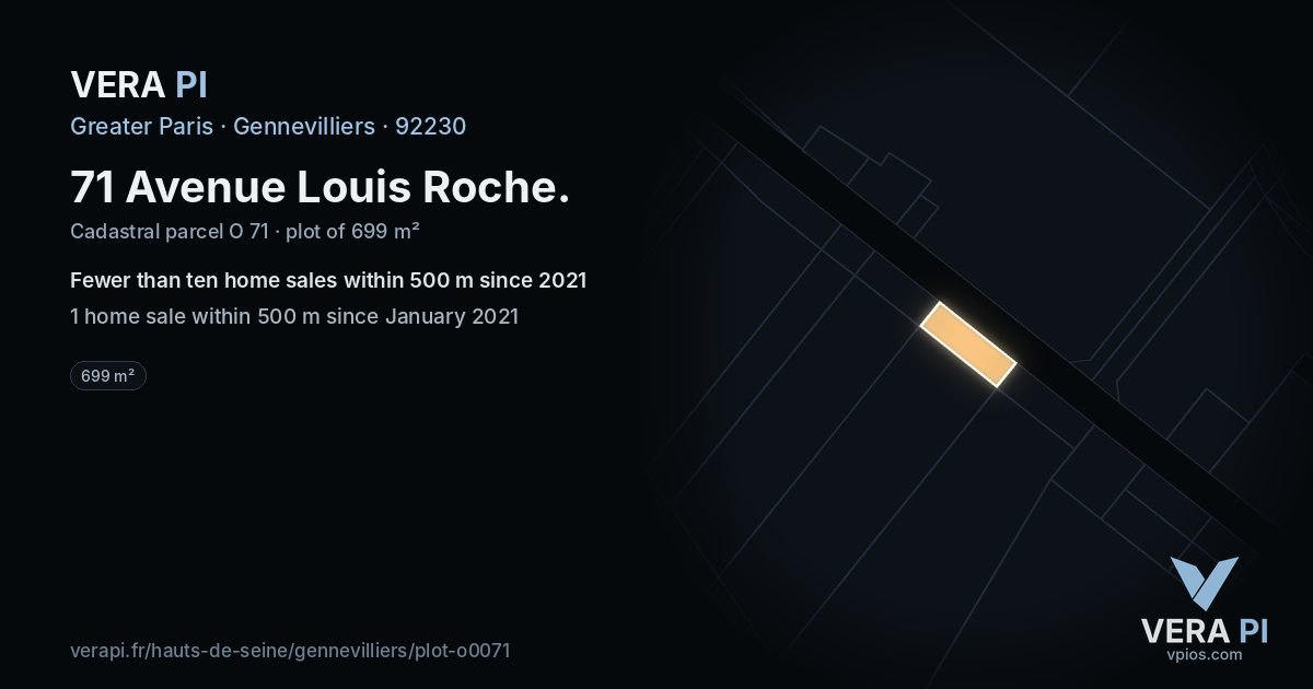 71 Avenue Louis Roche, Gennevilliers at night – the plot lit, the parcels around coloured by the prices near them