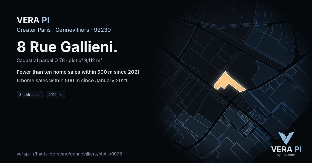 8 Rue Gallieni, Gennevilliers at night – the plot lit, the parcels around coloured by the prices near them