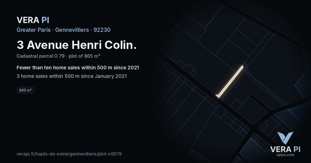 3 Avenue Henri Colin, Gennevilliers at night – the plot lit, the parcels around coloured by the prices near them
