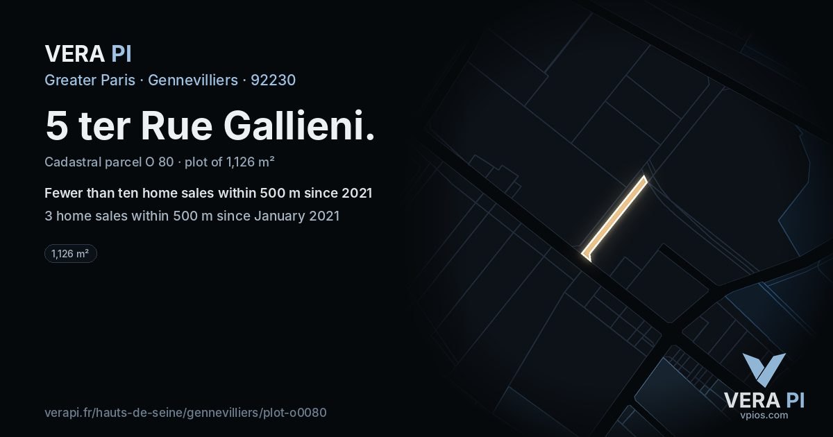 5 ter Rue Gallieni, Gennevilliers at night – the plot lit, the parcels around coloured by the prices near them
