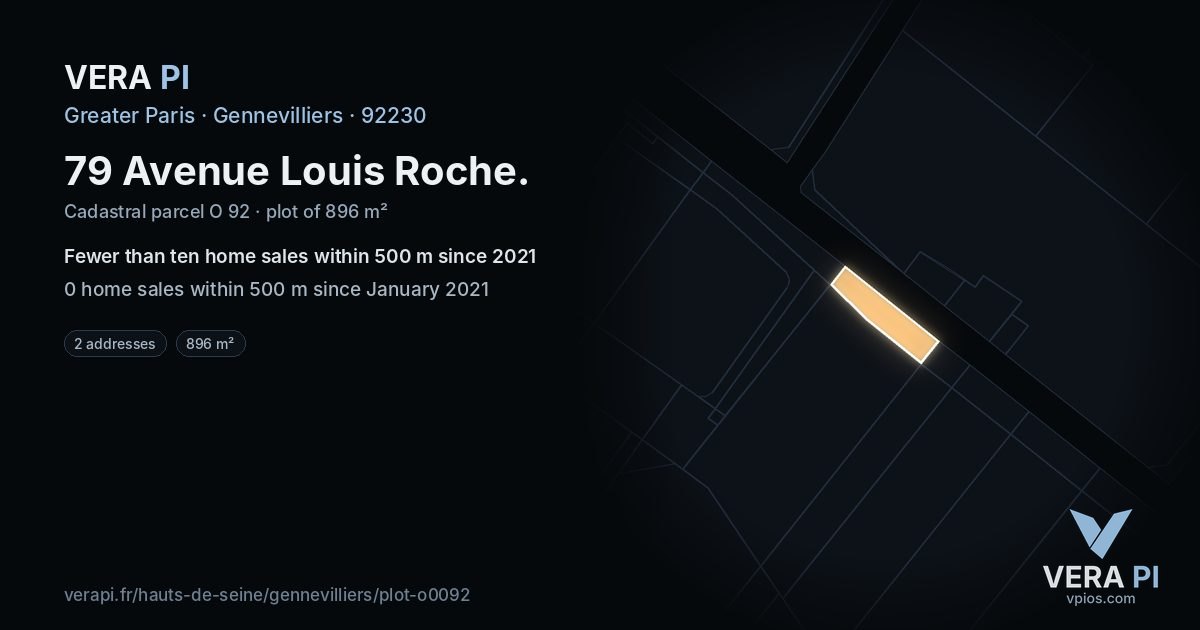 79 Avenue Louis Roche, Gennevilliers at night – the plot lit, the parcels around coloured by the prices near them