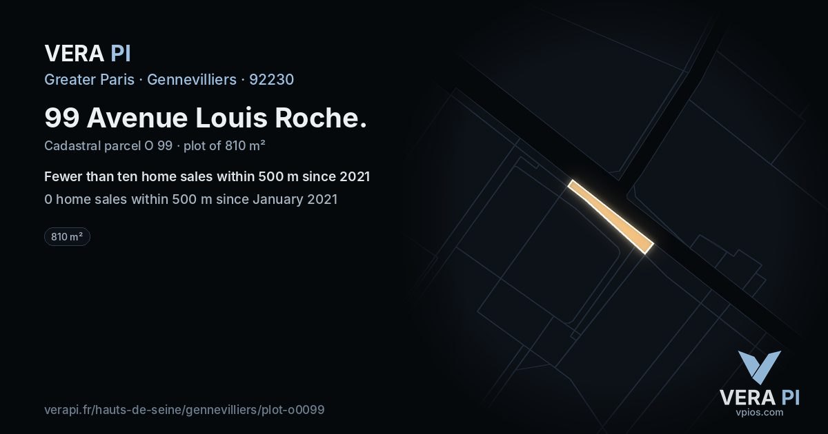 99 Avenue Louis Roche, Gennevilliers at night – the plot lit, the parcels around coloured by the prices near them