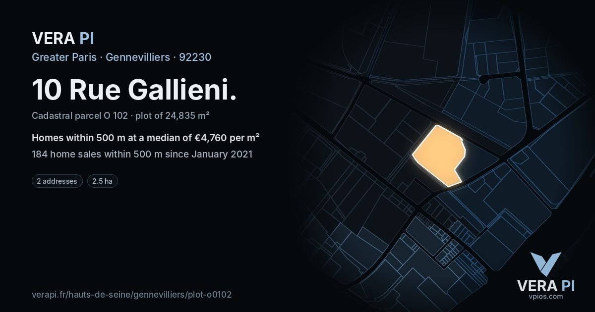 10 Rue Gallieni, Gennevilliers at night – the plot lit, the parcels around coloured by the prices near them